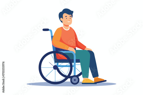 Smiling man with dark hair sitting in a blue wheelchair comfortably on white