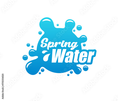Clean spring water drink splash icon or sign. Mineral water delivery company vector icon, spring drink brand tag or emblem. Natural aqua symbol with blue splash droplets, handwritten typography