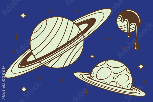 Whimsical saturn and starry galaxy scene with swirling colors and cosmic elements