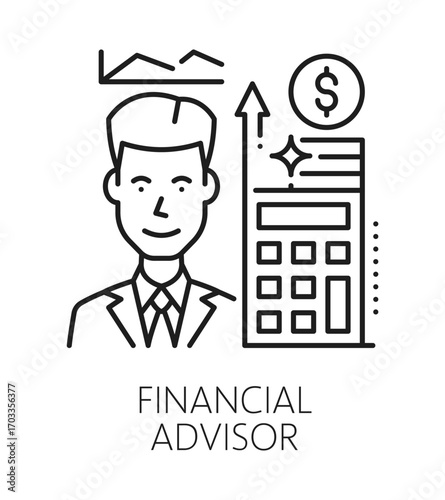 Investment financial advisor, business line icon or symbol. Finance investment startup vector sign, investor financial advisor icon. Trade company pictogram with man businessman and calculator