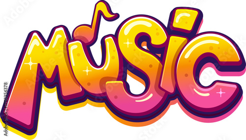 Music street graffiti, wall funky painting. Street wall text tag print, Hip Hop graffiti vector paint spray. Urban airbrush cool artwork or street calligraphy drawing with abstract funky typography