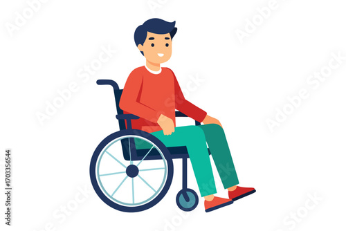 Young man with dark hair sits in a blue wheelchair with a slight smile