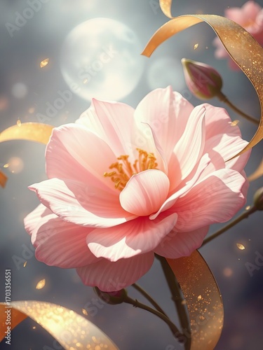 Artistic depiction of a flower basking in radiant sunlight, intertwined with magical golden swirls and floating light orbs