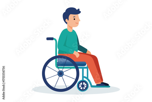 A young man wearing a teal shirt sits in a blue and teal wheelchair