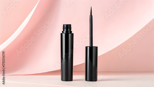 Elegant Glossy Black Liquid Eyeliner Bottle with Minimalist Blank Packaging Mockup Styled Against a Soft Pastel Backdrop for Luxury Makeup Branding, Beauty Design, and Cosmetic Presentation