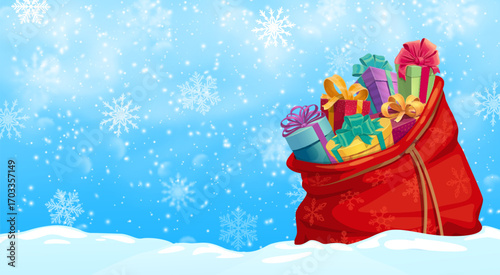 Christmas gifts and presents bag on snow for New Year winter holiday, cartoon vector. Christmas and New Year greeting card Santa gifts in sack with snowflakes on blue snow background for Xmas holiday