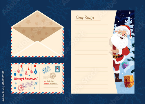 Santa with Christmas wishlist letter and envelope for winter holiday wishes, cartoon vector. Merry Christmas greeting card and New Year gift wish list for envelope with funny Santa in the snow forest