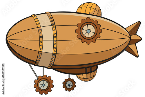 Intricate steampunk airship illustration adorned with detailed gears and mechanical elements