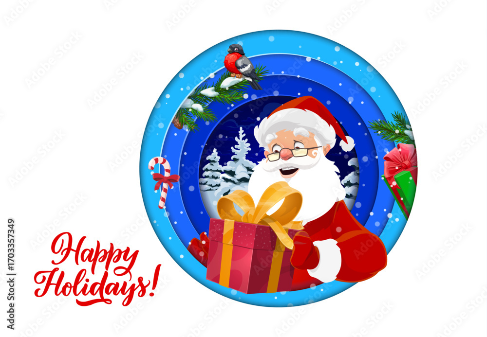 Obraz premium Christmas paper cut banner with Santa Claus and holiday gift box, cartoon vector. Christmas and New Year greeting card with Santa holding giftbox, bullfinch on fir tree in paper cut winter forest