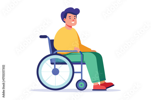 Smiling man with blue hair sits in his wheelchair on a white backdrop