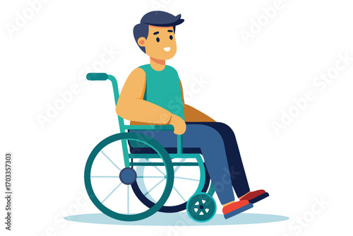 Smiling young man with disability sits comfortably in his teal wheelchair on white