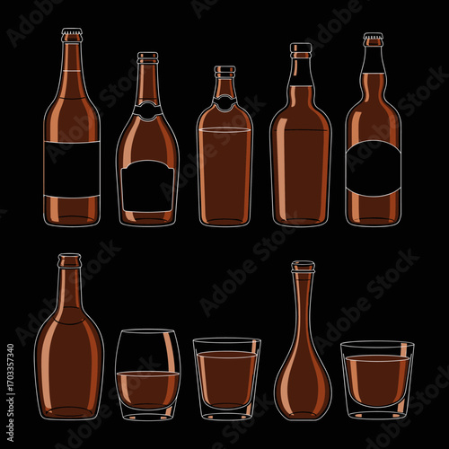 Collection of alcoholic beverage bottles and glasses on a black background.
