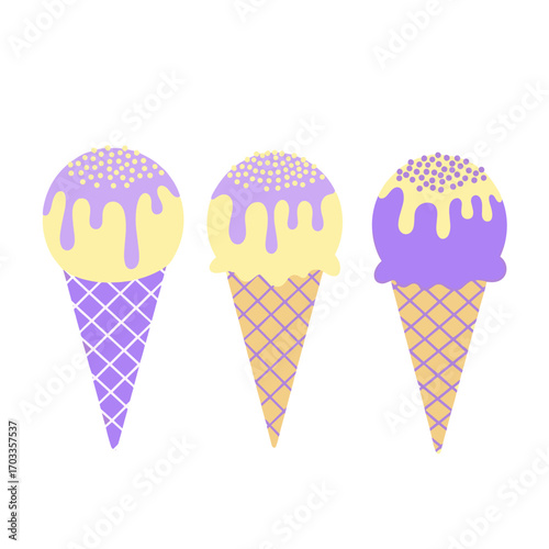 Three delicious ice cream cones with colorful toppings.