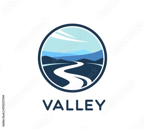 Mountain river and valley icon of nature landscape for travel or farming, vector emblem. River flow in mountain valley or fields with sky and clouds silhouette in round sign for company business icon