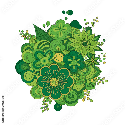 Green floral arrangement with abstract shapes and leaves.