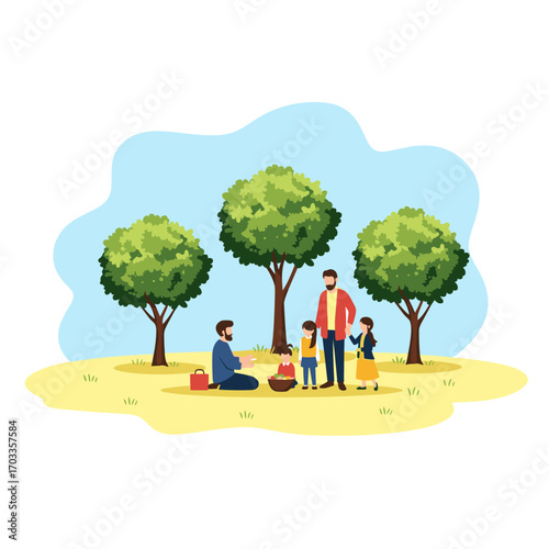 Family enjoying a picnic in a park with trees.