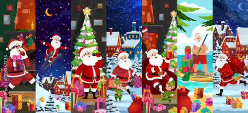 Christmas Santa characters collage for winter holiday or New Year, cartoon vector. Christmas collage with funny Santa on summer beach or with gift bag and flying on skis in night sky with elf