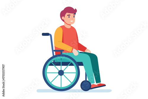 Smiling caucasian man sits in a teal wheelchair wearing colorful clothing on white