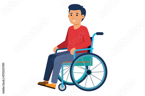 Smiling fair skinned man in a red shirt sits on a wheelchair against white