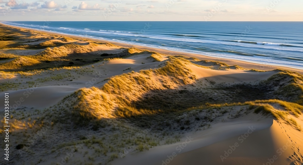 Obraz premium Golden Hour Light Bathes Rolling Sand Dunes Along a Serene Ocean Coastline.