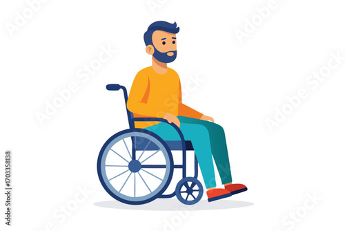 Bearded Caucasian man sits idle in a blue wheelchair with a thoughtful expression