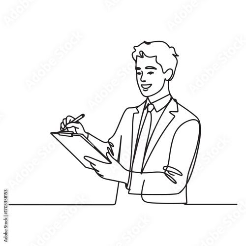 One single line Art drawing of young happy male worker standing while write business lesson from mentor on paper at clipboard. with white background