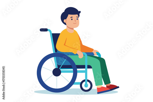 Young man with dark hair sits serenely in a wheelchair with transparent background
