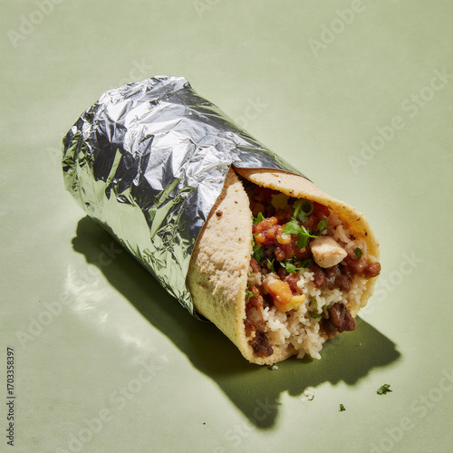 Foil-wrapped burrito halves on a matte lime background, three-quarter studio angle with clean layers and a soft grounded shadow