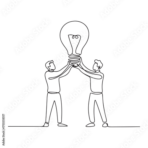 Continuous one line Art drawing concept of joint teamwork, building business team. Men women hold and lift light bulb. with white background