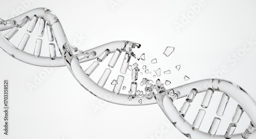 Transparent glass DNA helix broken into pieces, floating on bright white background, shallow depth of field, dramatic futuristic biotech concept, perfect for slides, science art and innovation themes.