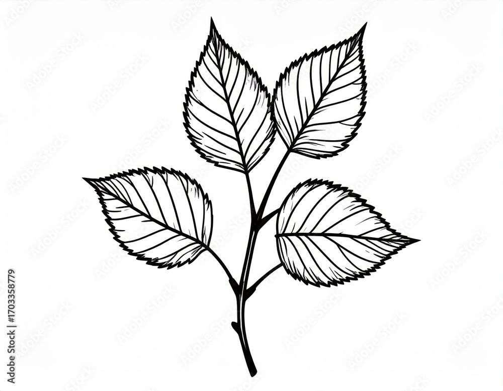 Obraz premium Detailed Line Art Drawing of Branch with Several Leaves on White Background