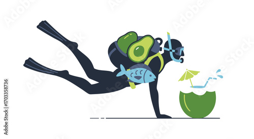 Creative vector illustration of a scuba diver with avocado tank and fish, representing a healthy ketogenic diet, lifestyle, and tropical vacation