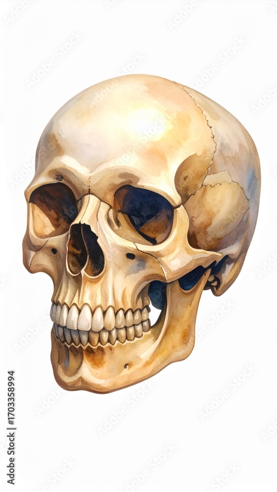 Naklejka premium Watercolor Anatomical Skull Illustration in Neutral Tones on White Background