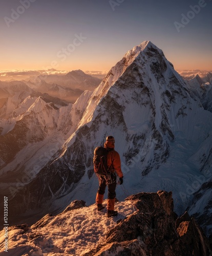 Adventurer gazing at majestic mountain peak during sunset, surrounded by breathtaking alpine landscape