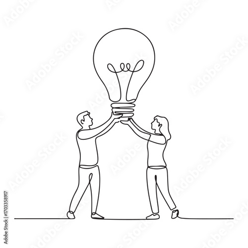 Continuous one line Art drawing concept of joint teamwork, building business team. Men women hold and lift light bulb. with white background