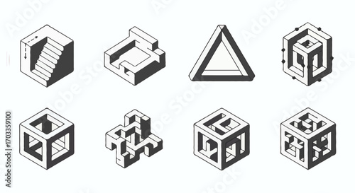 Abstract Isometric Geometric Shapes Collection Illustrating Impossible Constructions and Optical Illusions in a Modern Minimalist Graphic Style