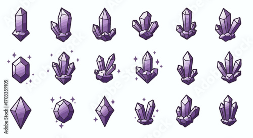 Set of isolated purple magic crystals and shiny gemstones. A vector collection of mineral icons with sparkling effects for fantasy design