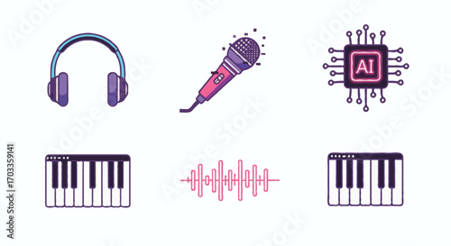 Set of icons representing artificial intelligence in music production, sound engineering, and audio creation