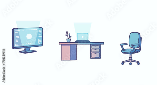 Office Workspace Illustration A Computer, Desk, and Ergonomic Chair in a Minimalist Style