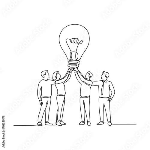 Continuous one line Art drawing concept of joint teamwork, building business team. Men women hold and lift light bulb. with white background