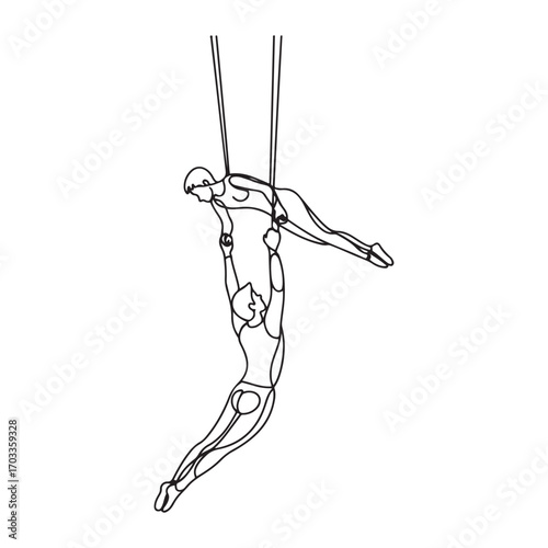 Single one line Art drawing two acrobatic players in action on a trapeze with a male player hanging from his two legs while catching a female player. with white background