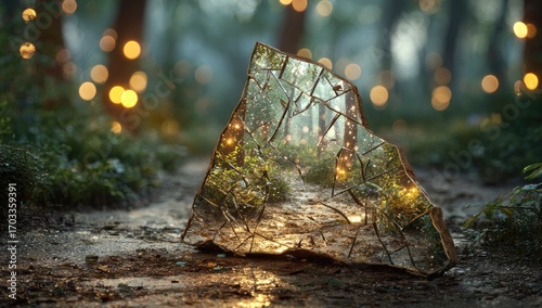 A cracked stone reflecting a magical forest path illuminated by glowing lights in a serene setting