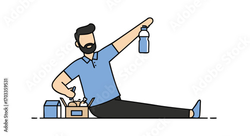 Cartoon character of a thirsty man taking a refreshment break, sitting on the floor and holding a bottle of water for hydration