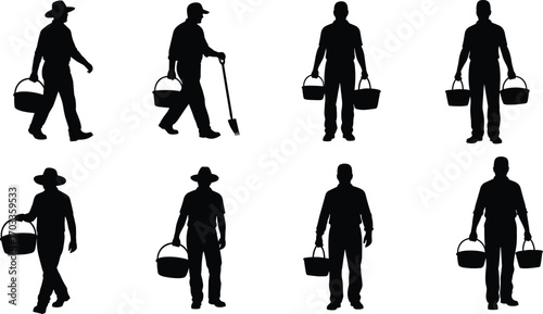 Farmer silhouette carrying baskets, agricultural worker walking, harvesting produce, rural lifestyle illustration, farm labor man, black isolated figure.