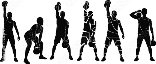 Fitness training silhouettes, men and women with kettlebells, strength workout poses, gym exercise illustration, black vector fitness icons, lifting weights.