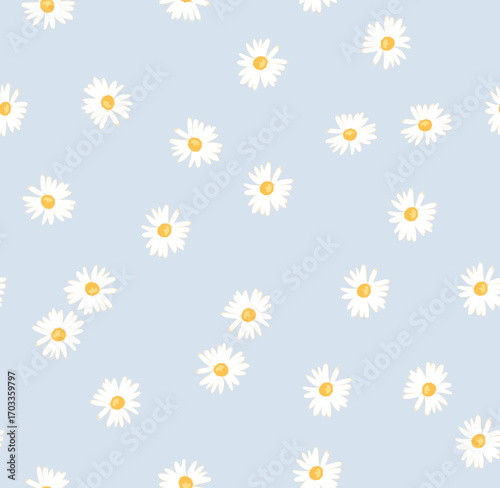 Cute camoile daisy floral pattern on a light blue background, seamless floral pattern of daisy, perfect for nursery decor, baby shower invitations, and kids' textiles.