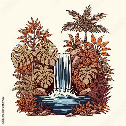 Stylized Tropical Jungle Waterfall with Palm and Monstera Plants.