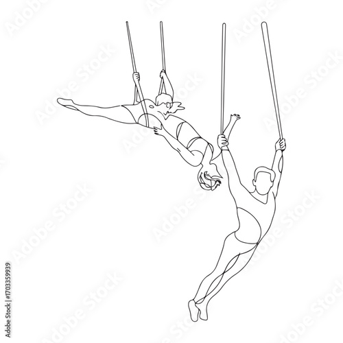 Single one line Art drawing two acrobatic players in action on a trapeze with a male player hanging from his two legs while catching a female player. with white background