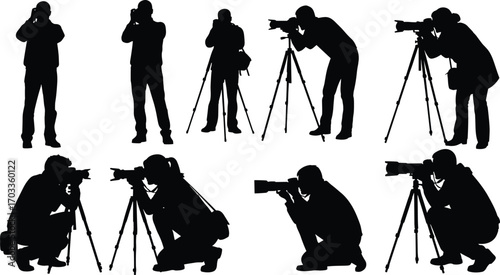 Silhouette of photographers taking pictures, using tripod, DSLR camera, crouching, standing, black icons, photography profession, photo shoot concept, isolated.