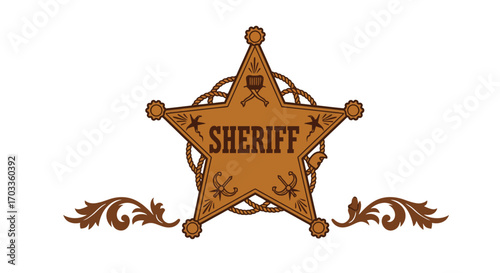Brown Sheriff Star Badge with Rope and Floral Accents.